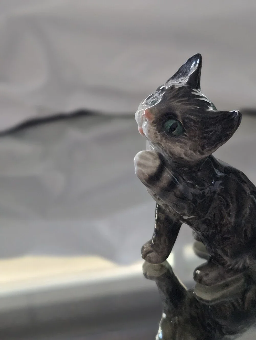 Vintage Goebel West Germany Glazed Gray Tabby Cat Figurine with Blue-Green Eyes